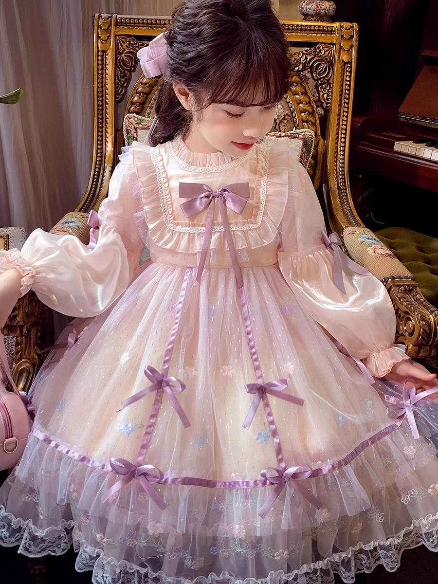 ガールズドレス秋2024リボンスタイルメッシュリトルガールロリータプリンセス長袖スカート