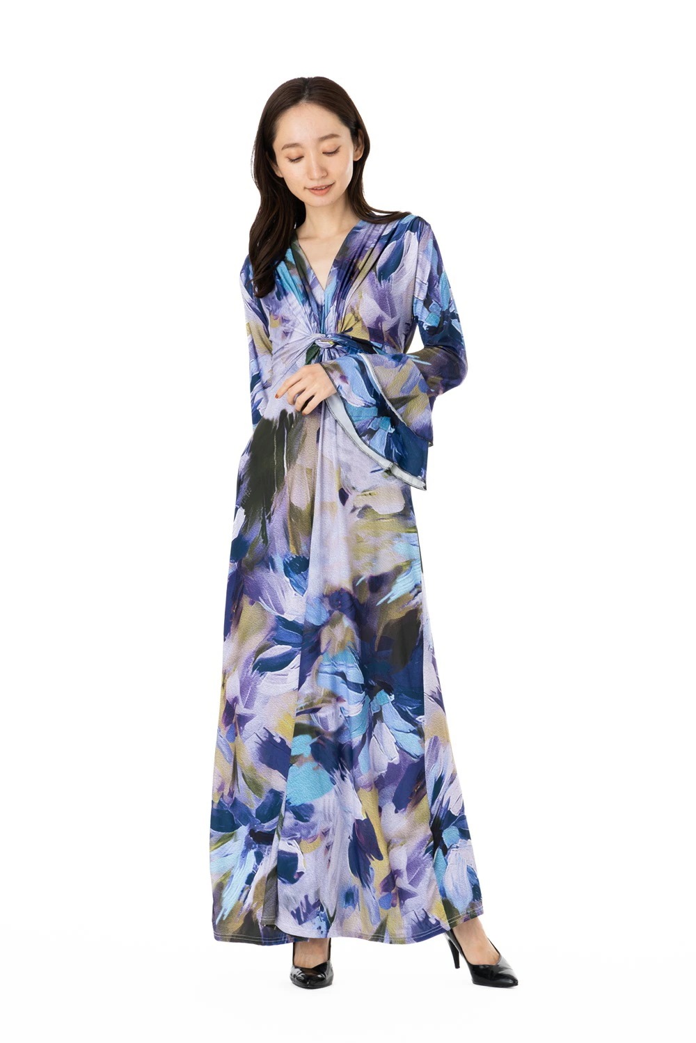 フィフィーユ(FIFILLES)ワンピース T1 T2 T3サイズ 長袖 ロングワンピース Vネック 総柄 レディース フランス製 　 ワンピース 大人 上品 エレガント パープル 13,552円