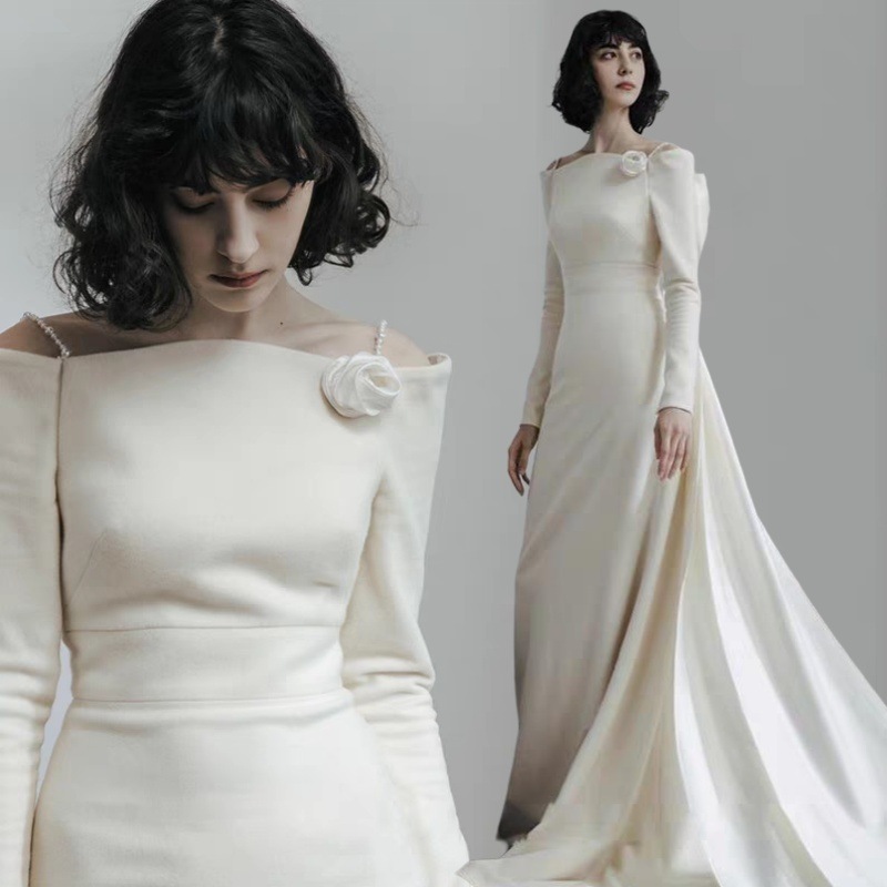 ウエディングドレス 長袖パーティードレス白 結婚式 ドレス 二次会 花嫁 フォトウエディング ビーチフォト 前撮り 後撮り 披露宴 トレーンドレス Aライン 演奏会 発表会 船型の襟付きタキシード