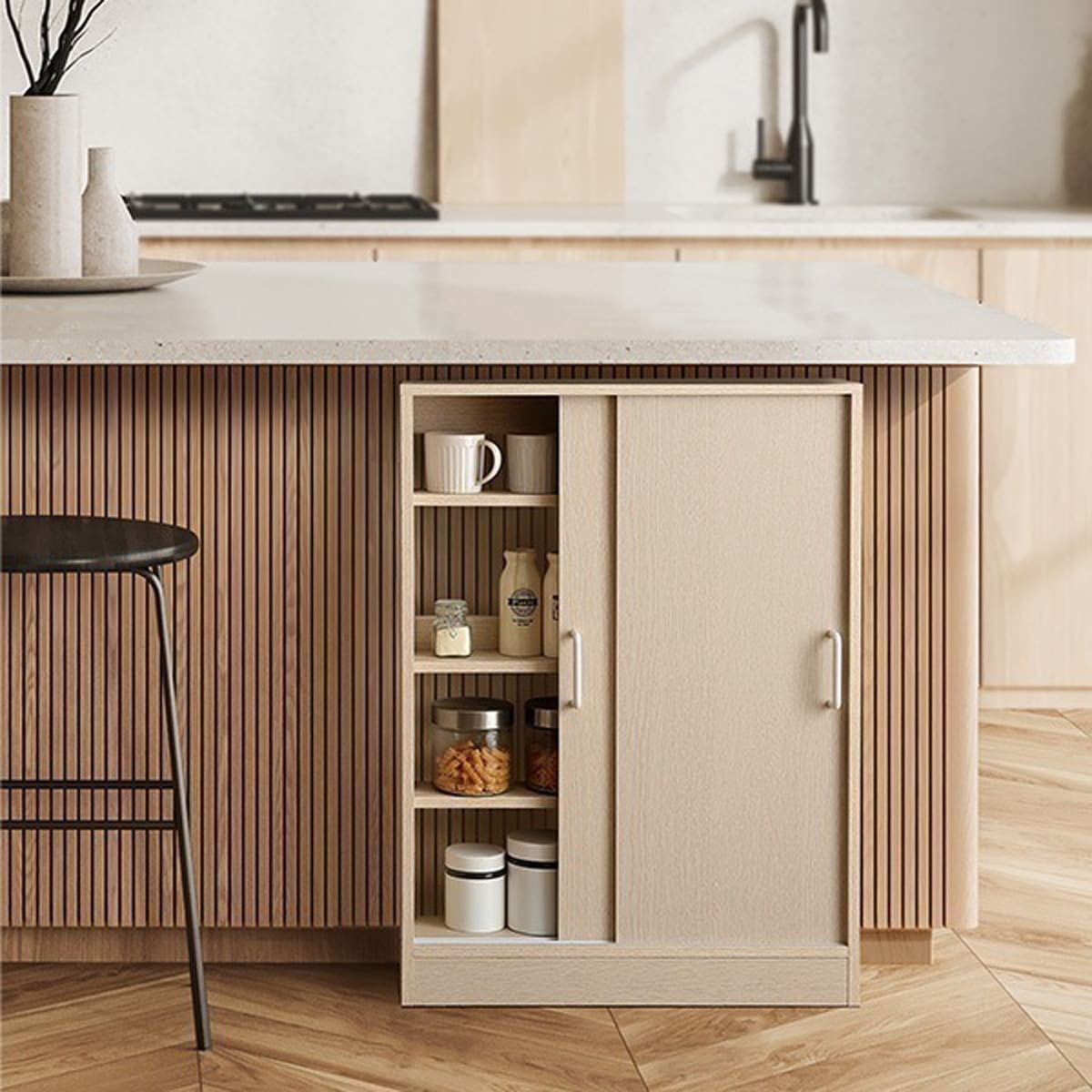 さわやかなカウンター下引き戸収納6015