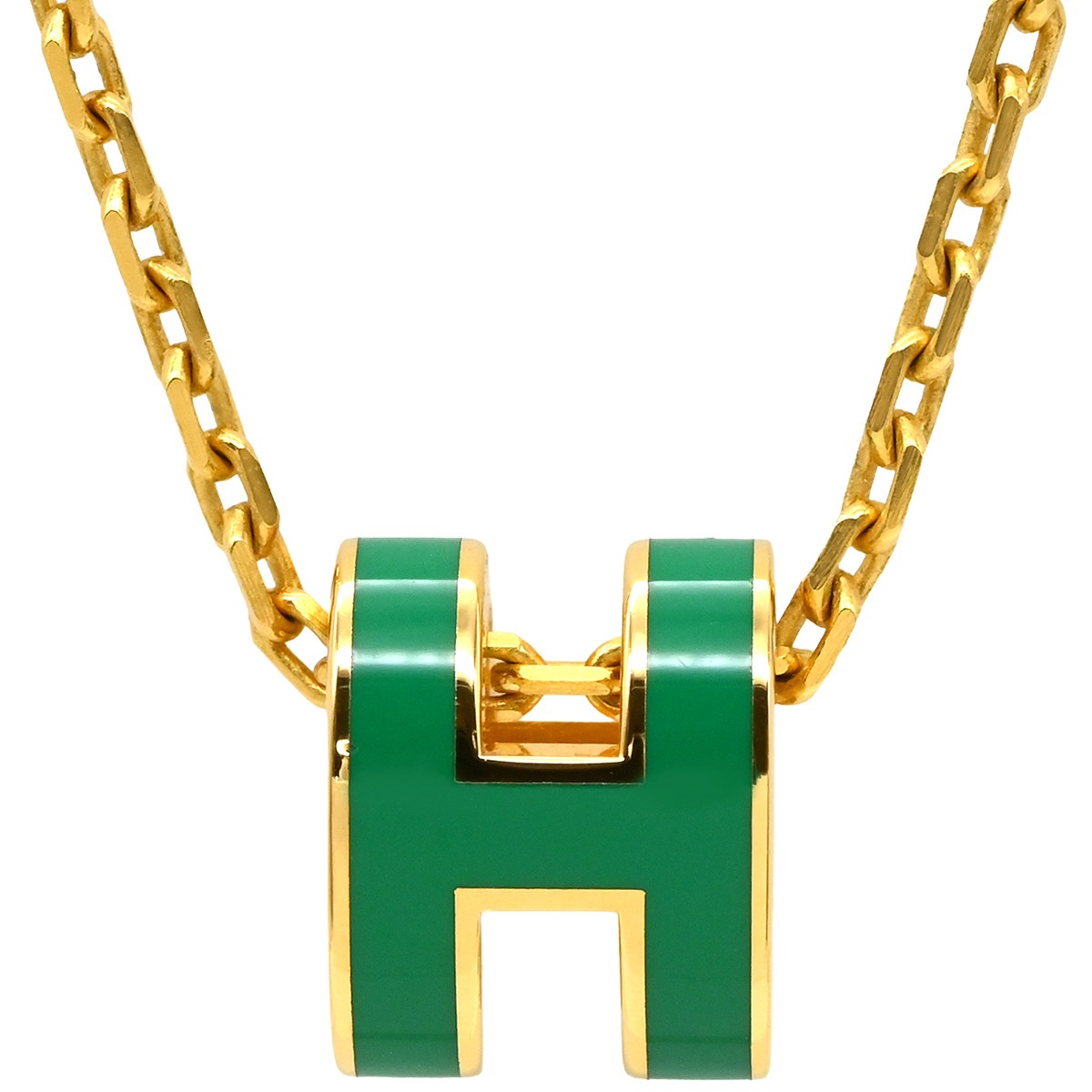エルメス ネックレス ポップアッシュ ミニ ペンダント GP ラッカー マラカイト×ゴールド 緑 Hモチーフ 【箱】【中古】