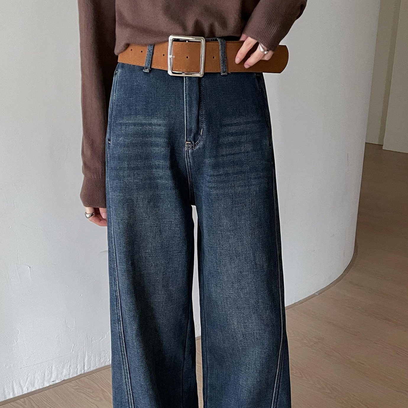 韓国 裏起毛 ストレートジーンズ レディース 冬 新作ワイドパンツ