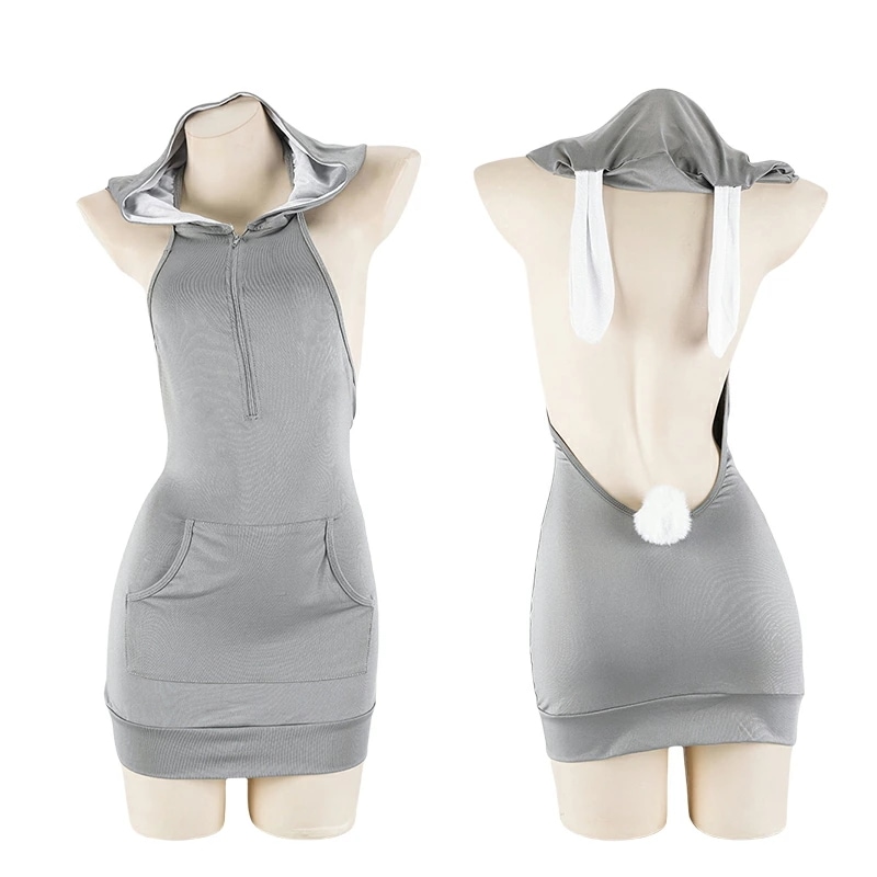 【即納】 セクシー コスプレ パーカー セクシー 下着 長袖 バニーガール バニー トップス ランジェリー コスチューム クリスマス ハロウィン イベント 撮影レディース グレー
