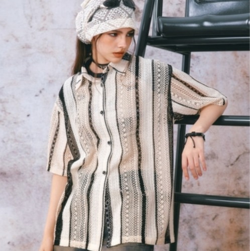 ヴィンテージボヘミアンストライプ半袖シャツ