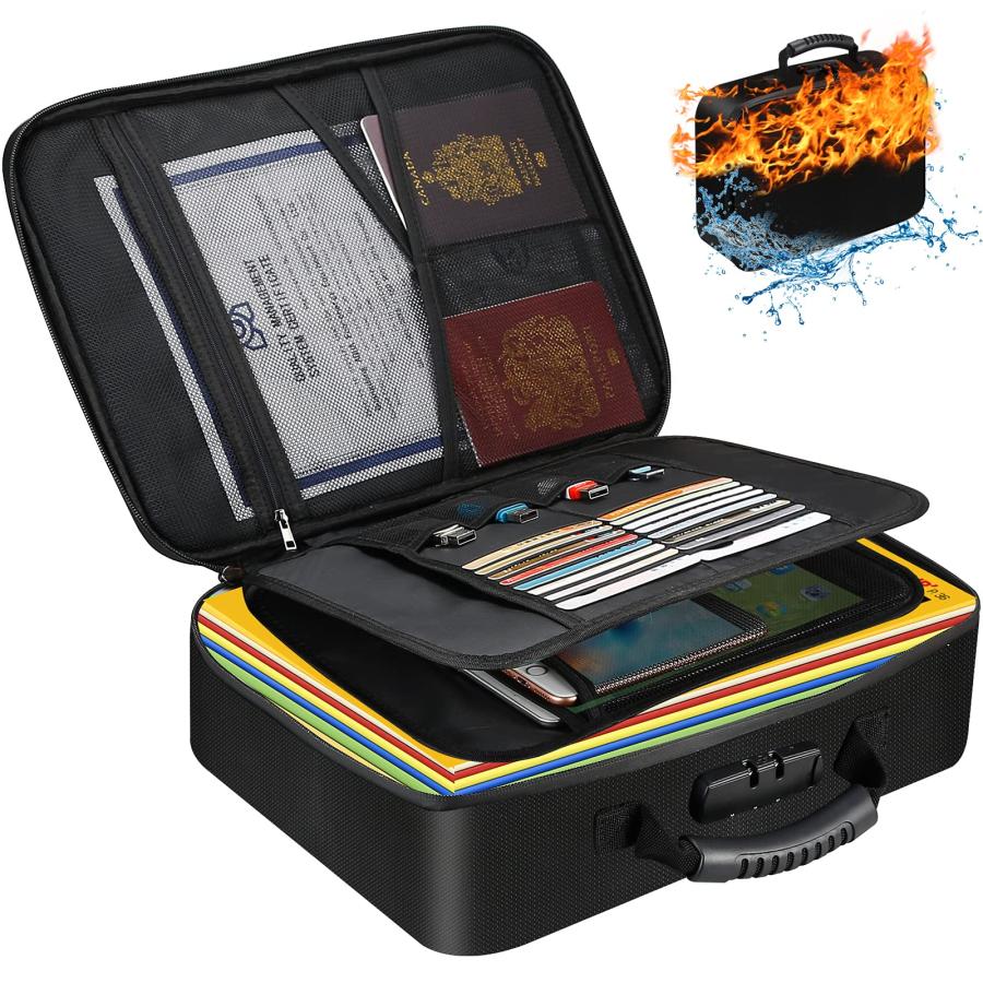 耐火ドキュメントバッグ 防水ファイルボックス ロック付き 重要な書類オーガナイザー ポータブルストレージ 安全ケース 旅行 自宅 オフィス ファイル証明書用 男