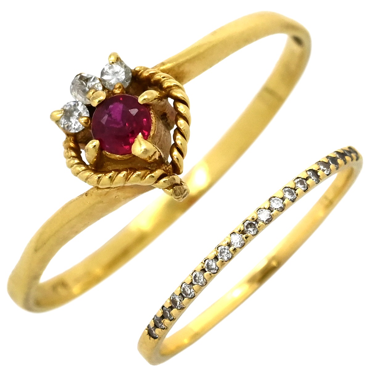 リング 指輪 ルビー ダイヤ リング K18YG ルビー ダイヤモンド イエローゴールド×レッド Au750 18K 18金 レッド 赤 2連 2重 2セット ピンキーリング 4号【中古】