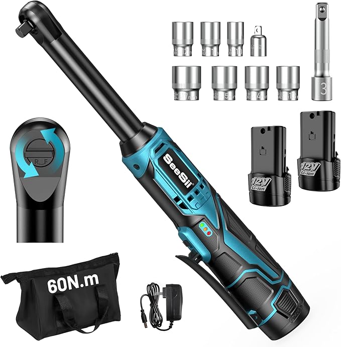 電動ラチェットレンチ充電式ワイヤレス伸縮式12V全長 395mm最大トルク 60N·m前進/後進スイッチ無段変速3/8 インチソケット1/4 インチアダプター