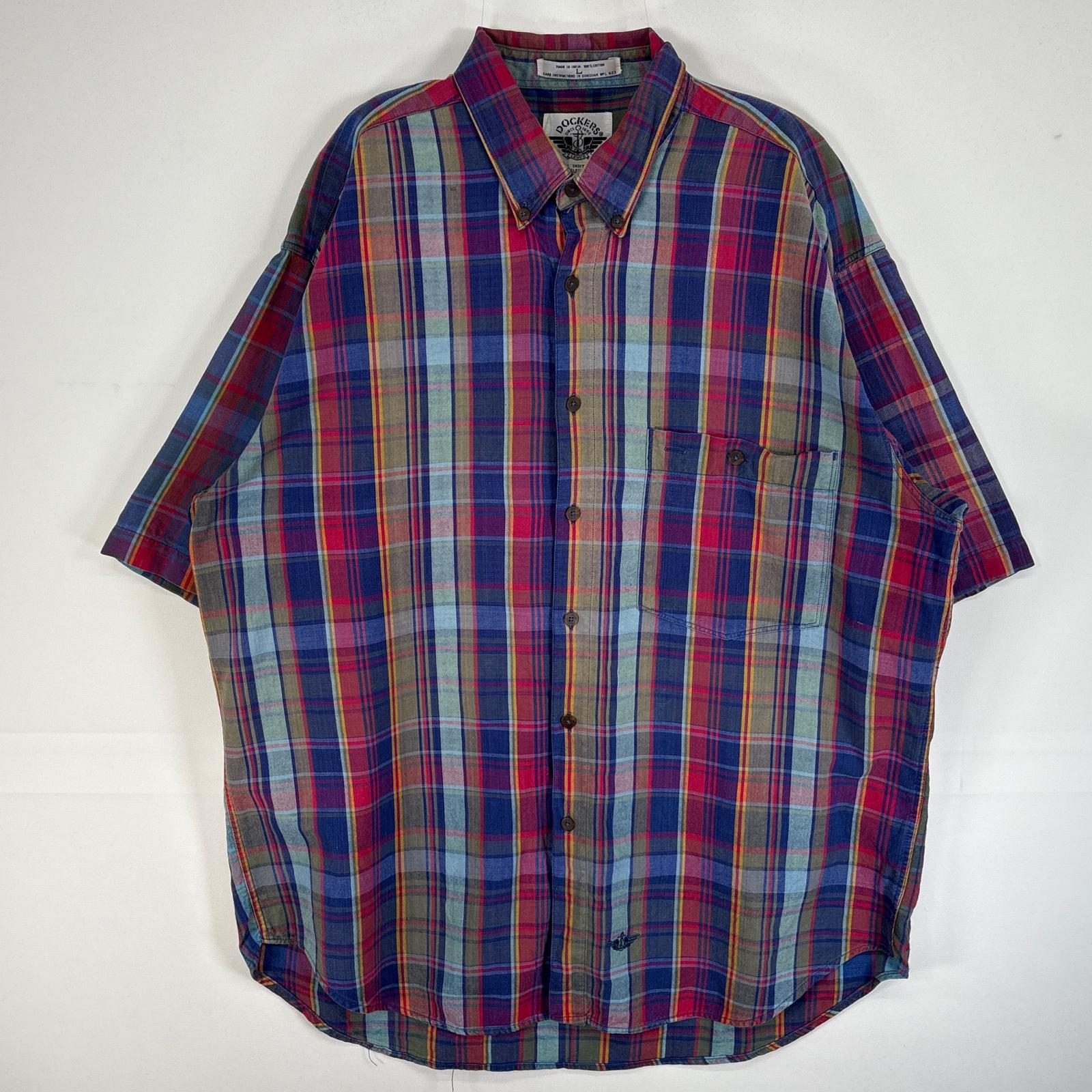 古着 90s/90年代 半袖シャツ ロゴ 刺繍 胸ポケ ボタンダウン L マルチカラー チェック メンズ