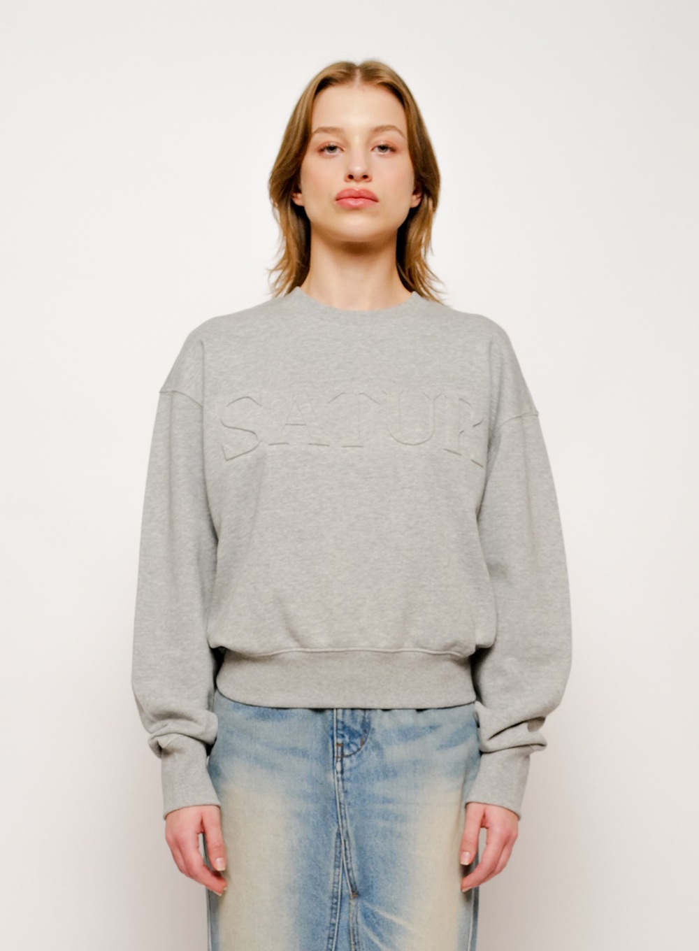 【SATUR】 CLASSY HEAVY COTTON CROP SWEATSHIRT : MELANGE GRAY