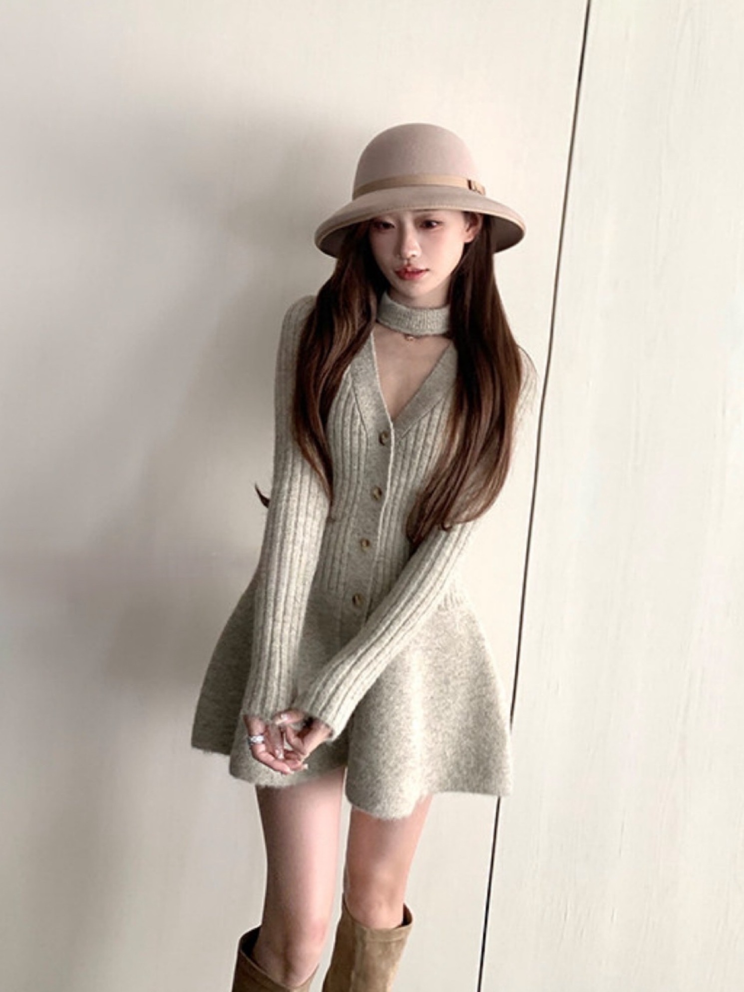 (2color)チョーカーボタンニットワンピース