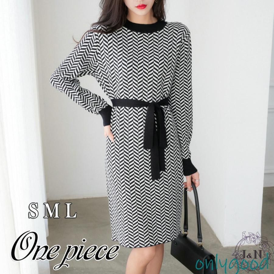 年末钜惠ワンピース 秋 春 ニット ひざ丈 膝丈 ストライプ セーター レディース 長袖ワンピース Aライン キレイめ ミディ丈 おしゃれ 着痩せ 通勤 OL オフィス お洒落