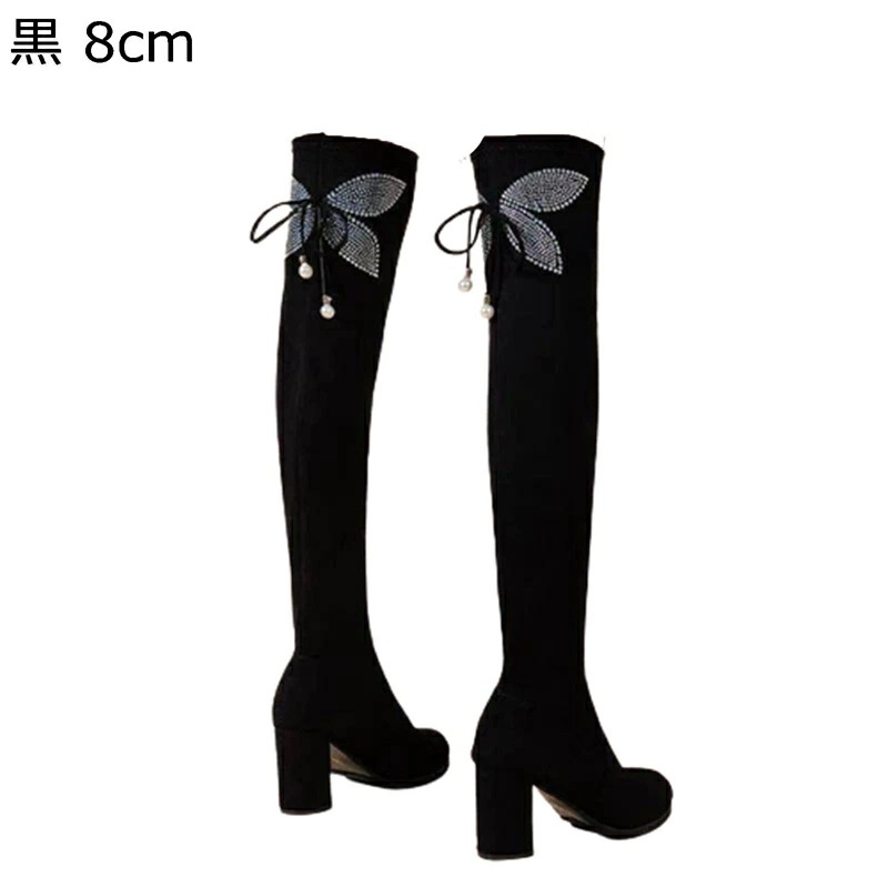 ロングブーツ ニーハイブーツ レディース ストレッチブーツ ハイヒール 秋冬 スパンコール 蝶々 粗いかかと シンプル 美脚 エレガント 歩きやすい 大きいサイズ 落ちない 簡約 長靴