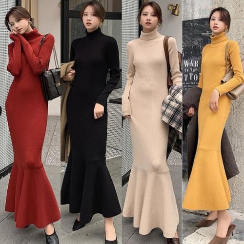 【急速出荷 2026年新作】ワンピース ニットワンピ マーメードスカート 韓国ファッション 無地 タートルネック 秋 冬 長袖 ロング丈 マキシ丈 おしゃれ 可愛い オルチャン 大人可愛い シンプル
