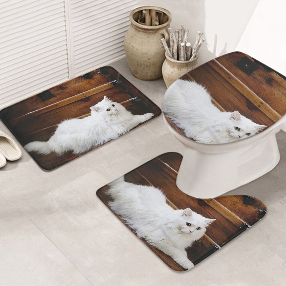 3ピースバスラグセット cat-wite-cat-wite-pet-domestic お手入れが簡単 ノンスリップ 耐久性