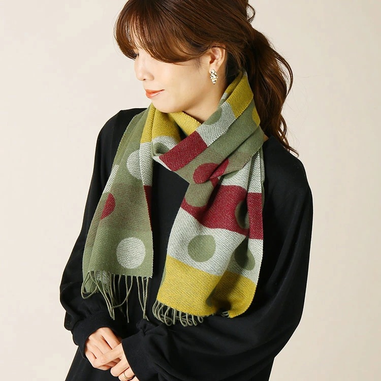 カシミヤ 100% マフラー ジャガード レディース ベージュ カーキ 【160cm×32cm】【名入れ刺繍可能】 ドット 水玉 レオパード ヒョウ柄 カシミヤ100％ カシミヤマフラー レディースマ