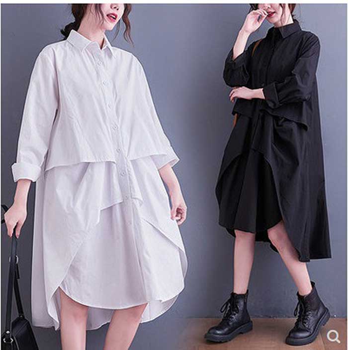 激安販売！大きいサイズ レディース レイヤード 変形 シャツワンピース 長袖 白 黒オーバーサイズ 韓国ファッション ビッグサイズ otona LL 3L 4L 5L 冬服 冬新作/0112