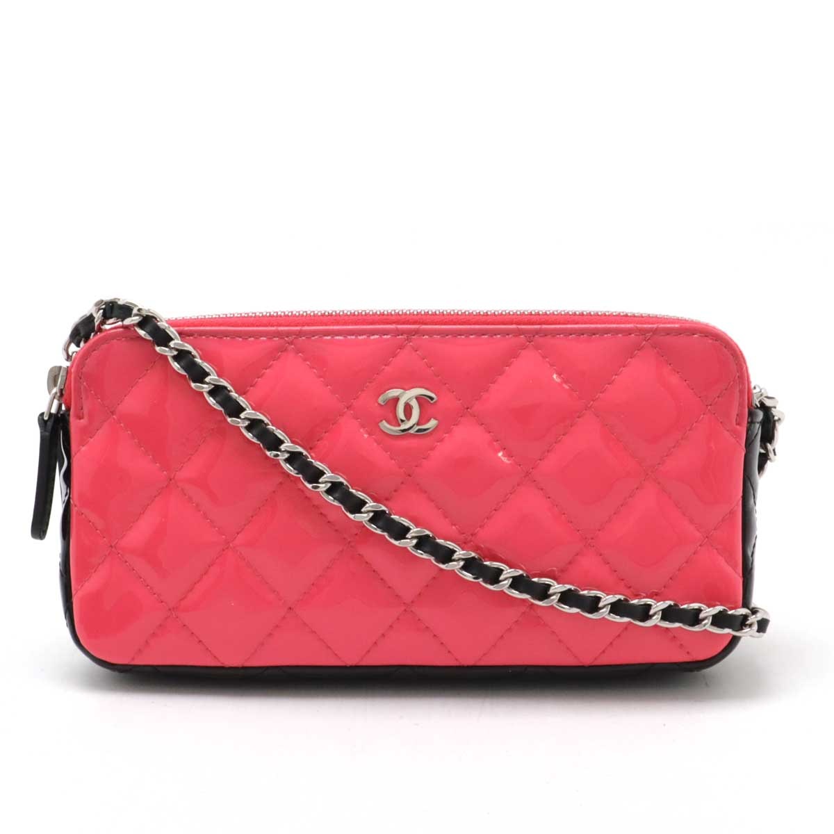 マトラッセ ココマーク チェーンウォレット ショルダーバッグ 2WAY ポーチ バイカラー エナメル ピンク ブラック シルバー金