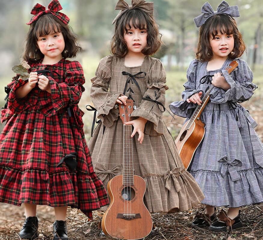 【超人気商品】日系ロリータ服 チェック柄子供ロリータワンピース　女の子可愛いお姫様洋服半袖長袖自由に変える Lolita Dress　森ガールメイド服　ワイン　ワンピース　ドレス姫様 ロリータワンピ
