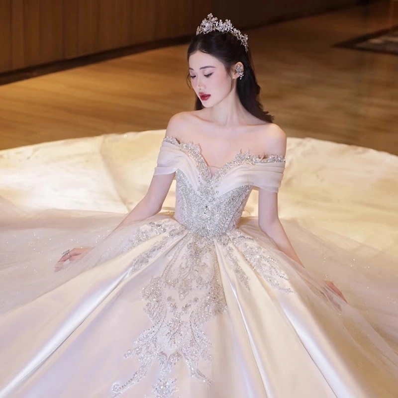 サテン ウェディング ドレス 2025 花嫁 ワンショルダー プリンセス ウェディング メイン糸 重工業 リトルマン