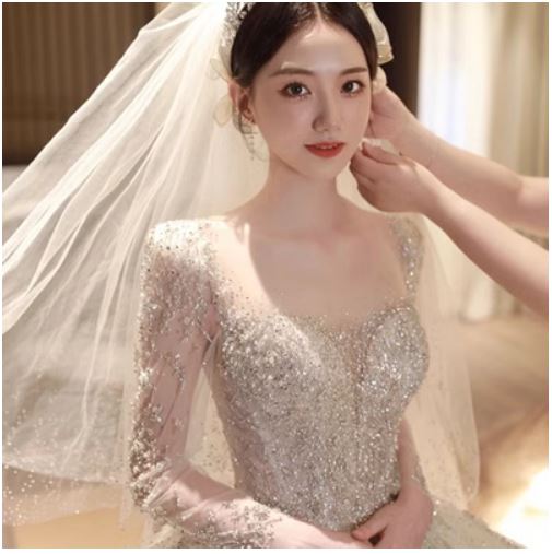 ウェディングドレス 袖あり 立ち襟 スパンコール キラキラ 素敵 キレイめ 花嫁ドレス 結婚式ドレス トレーンドレス バックリボン オシャレ 海外挙式 披露宴 12,212円