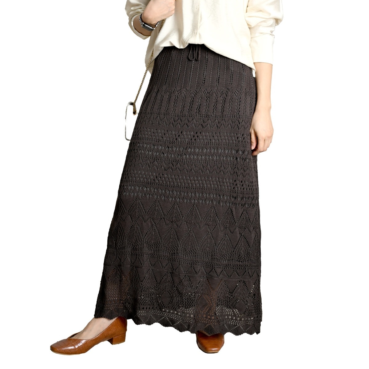 ロングスカート レディース 透かし編み ニット 重ねても涼やかニットペチコート付き透かし編みスカート マキシ丈 Iライン フレア Aライン スカート ボトムス サマーニット 裏地 ストレッチ 着痩せ