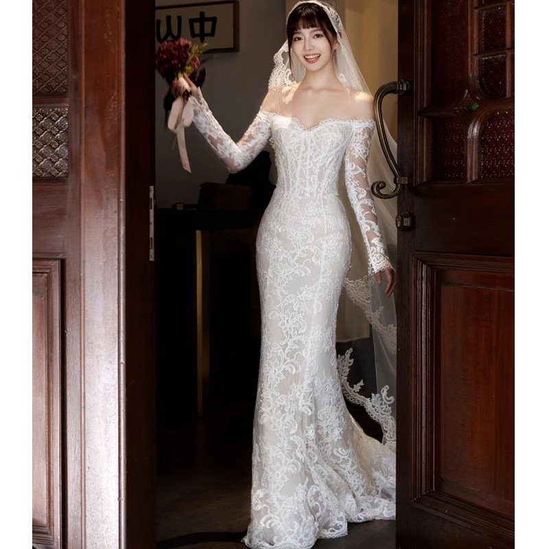 ワンショルダーライトウエディングドレスフレンチホワイトスリムレースレッグロングスリーブ花嫁結婚ウェルカムチュール冬