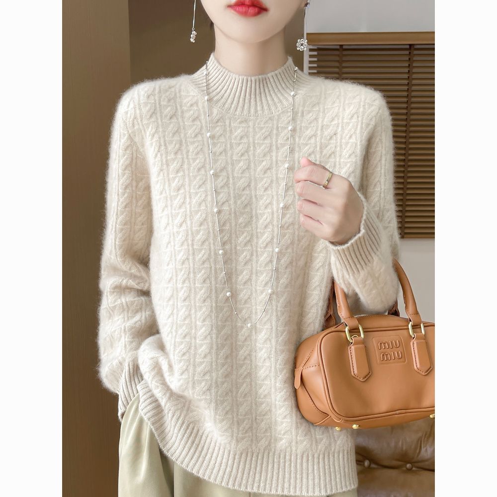 麻花純ウールニット女性2024秋冬新半高襟セーターゆるいニットシャツ