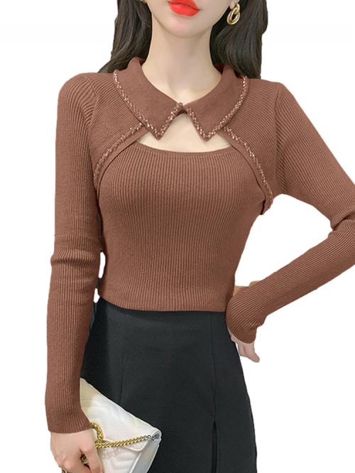 胸元 セクシー ニット カットアウト トップス 韓国 秋冬 襟付き 暖かい レディース スリム フィット 無地 シンプル おしゃれ セクシー 長袖 茶色 緑
