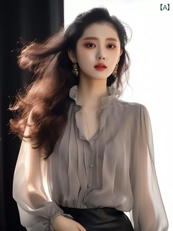 レディース ファッション フレンチ グレー シフォンシャツ 夏 長袖 トップスス