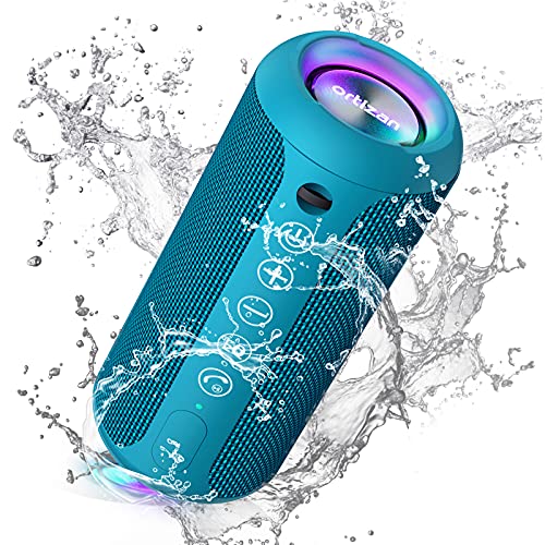 Ortizan Bluetooth スピーカー 防水IPX7 ワイヤレススピーカー LEDライト付き 30時間連続再生 24W出力 小型 重低音 ポータブルスピーカー 2台ペアリングでステレオ TFカ