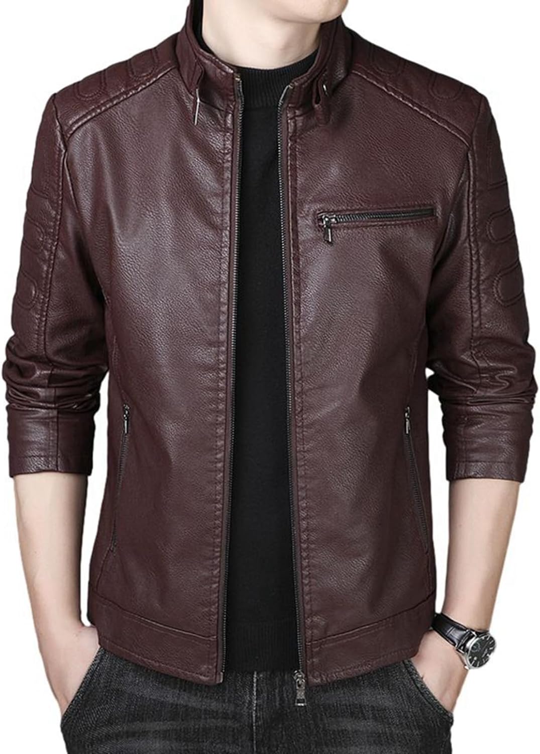 レザージャケット メンズ ブルゾン ライダースジャケット 革ジャン 秋冬 ジャンパー かっこいい ショート丈 スリム 立ち襟 カジュアル ビジネス バイクジャケット アウター