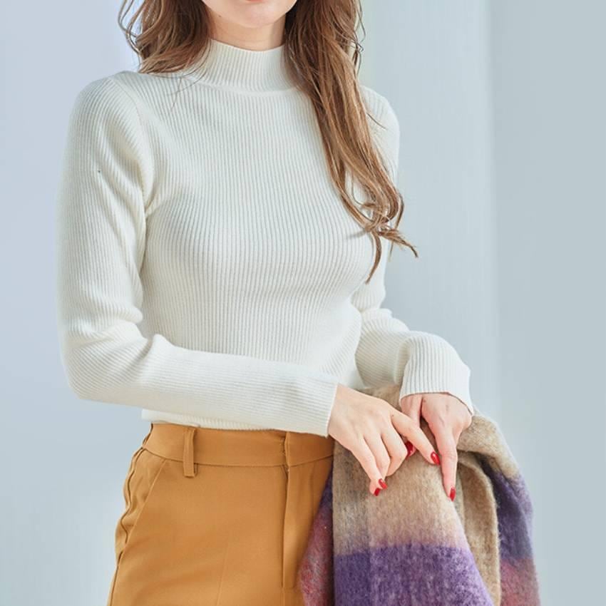 リブニットトップス 長袖 バルキーニット レディース モックネック ハイネック 着回し力 シンプル おしゃれ きれいめ 上品