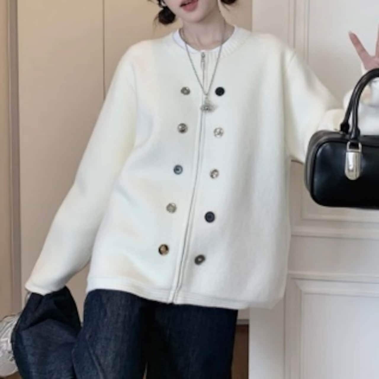 2024秋冬トップス ニット カーディガン ダブルボタン ラウンドネック ジップ チャック 長袖 秋 白 ホワイト おしゃれ かわいい 韓国ファッション レディース お出かけ30%までに制限