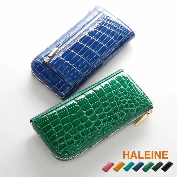 クロコダイル 長財布 日本製 L字ファスナー HALEINE レディース 鰐革 本革 財布 シャイニング 加工 ゴールド 金具 アウトポケット 付き JRA ブランド アレンヌ プレゼント 母の日 ギ