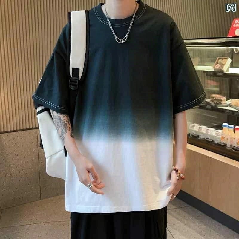 メンズ グラデーション コットン 半袖 Tシャツ トレンド トップスス 夏 カップル 五分袖
