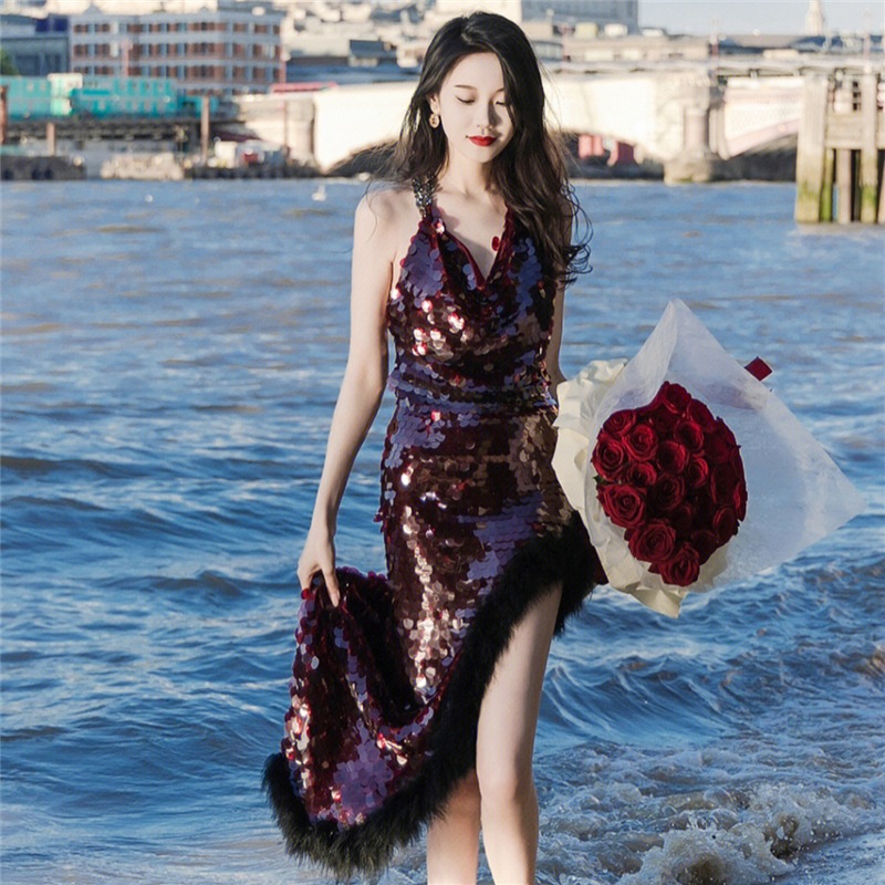 ドレス ワンピース パーティー 結婚式 二次会 発表会 ステージ 舞台 フォーマル キャバ ダンス 衣装 謝恩会 ラウンジ ロング 袖なし ホルターネック マーメイド スレンダー タイト スリム