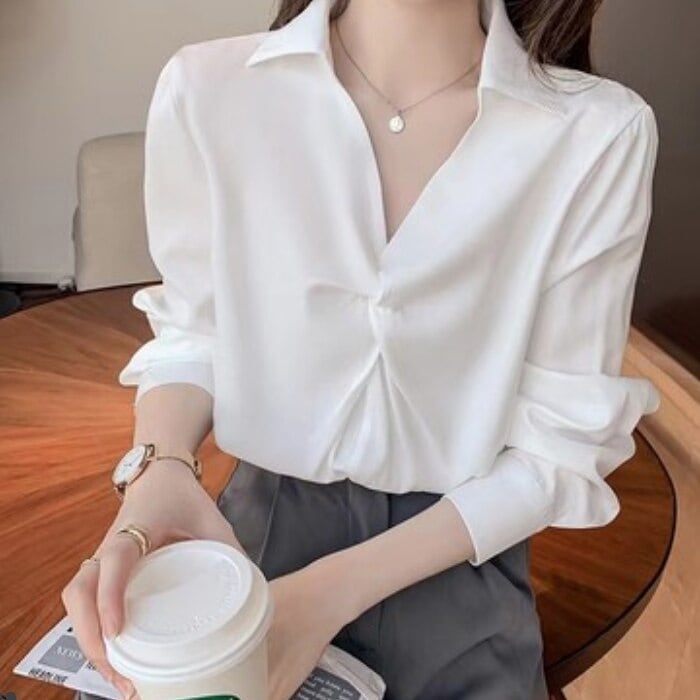 トップス デート かわいい 大人可愛い きれいめ シンプル カジュアル 大人 上品 おしゃれ お洒落 ブラウス 長袖 Vネック ギャザー 無地 オフィス 通勤 ２XL 韓国 春夏 ホワイト　ピンク