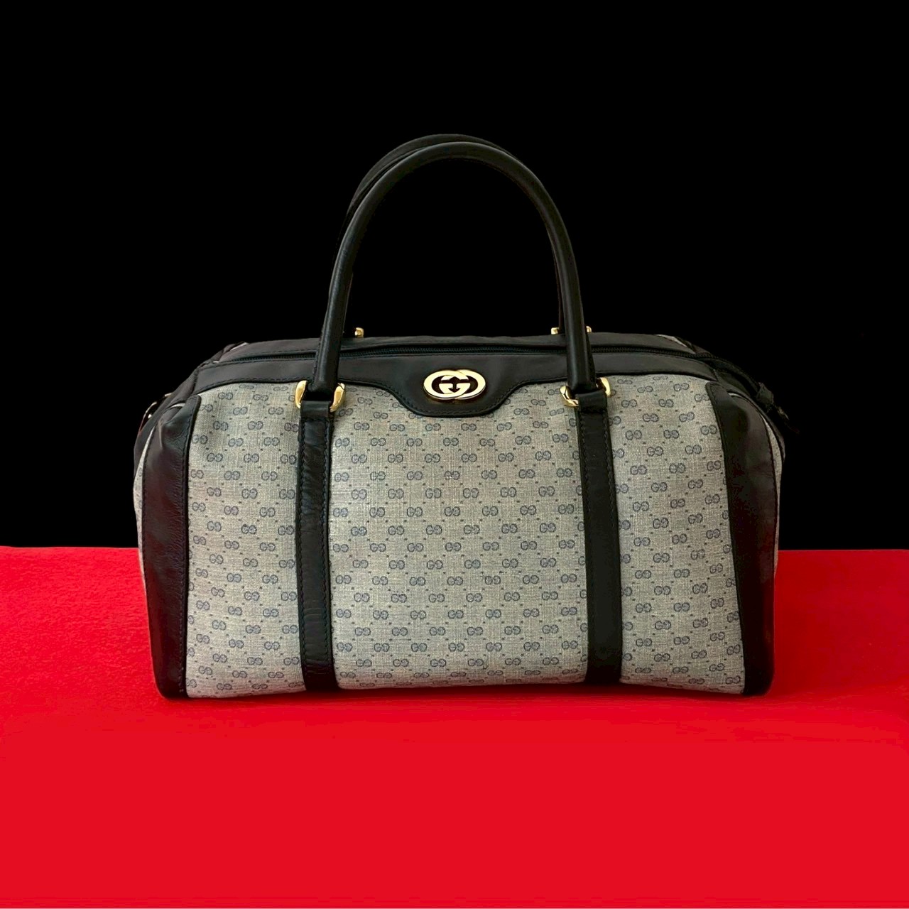 ヴィンテージ マイクロGG ロゴ 金具ハンドバッグ レザー PVC ネイビー 18663