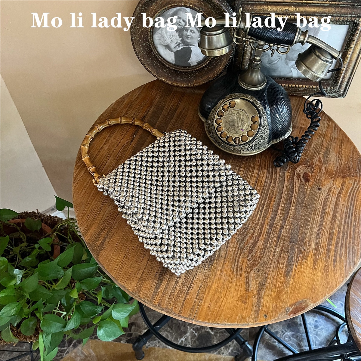 新中国風国風気品ヴィンテージ竹節ハンドルメタリック高級手作りビーズバッグ パール手提げミニボックスバッグ