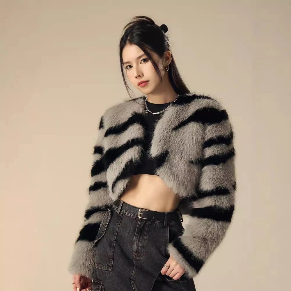 人気商品 秋冬ゼブラプリントファーコートフェミニンショートイミテーションフォックスファーコートレディライクスタイルファーコート