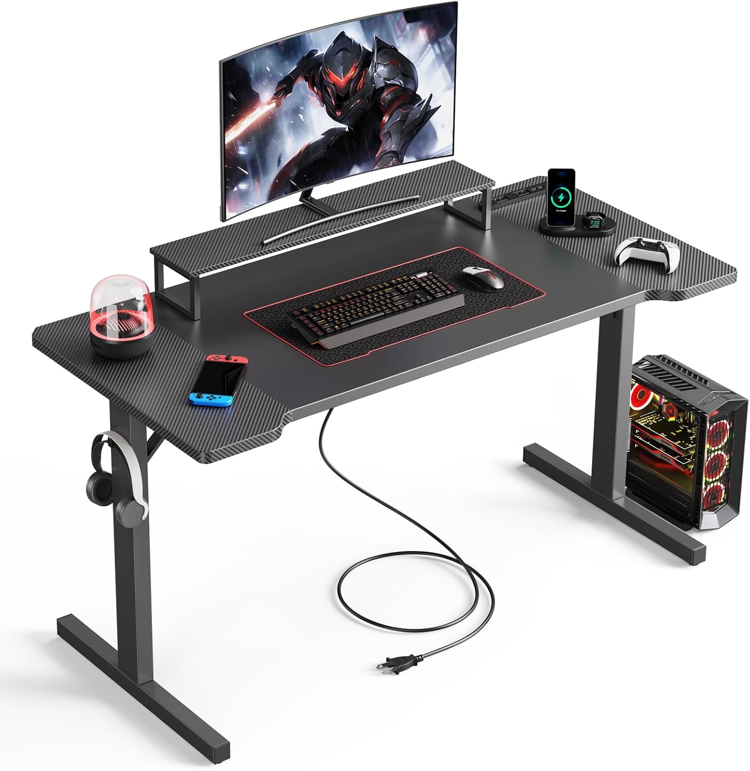 DOMICON ゲーミングデスク 黒 幅140cm コンセント付き モニター台付き パソコンデスク ゲームデスク PC desk 作業机 ワークデスク オフィスデスク 勉強机 取立簡単