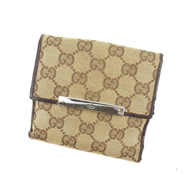 Wホック財布 二つ折り財布 GGキャンバス ベージュ ブラウン シルバー 中古