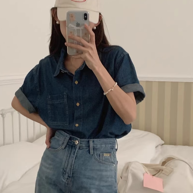 レディース トップス シャツ 半袖 袖あり 襟付き 角襟 ポケット 前開き ボタン デニム かわいい 大人可愛い シンプル カジュアル おしゃれ レトロ こなれ感 ラフ ナチュラル 無地 夏 秋