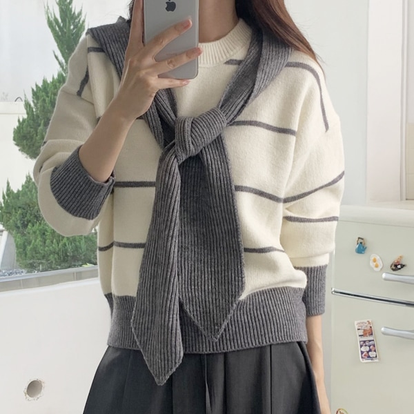 韓国ファッション ショール マフラー ラウンドストライプ ニットセット
