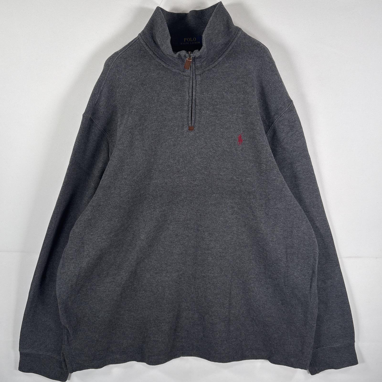 古着 コットンニット ハーフジップ ワンポイントロゴ刺繍 ビッグサイズ XXL グレー メンズ
