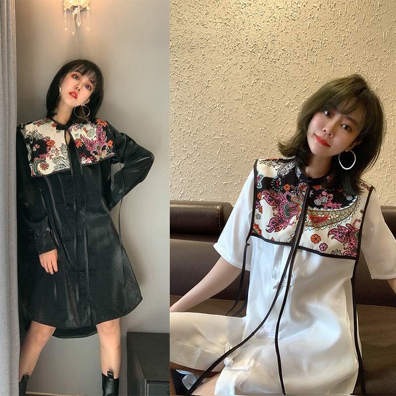 2wayシャツワンピース 半袖 取り外し可能ケープ チャイナ風ワンピース ロングシャツワンピース 夏 春