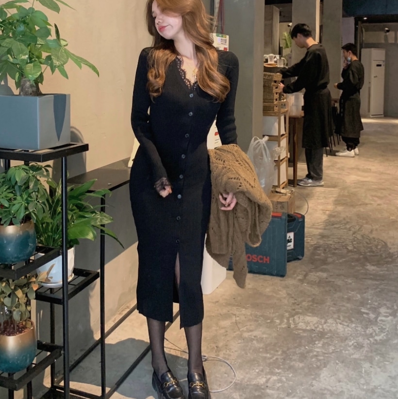 ワンピース デート ニットソー 膝丈 ひざ丈 ミモレ ミモレ丈 袖あり 長袖 スリム タイト 細身 かわいい 大人可愛い きれいめ シンプル カジュアル 大人 上品 おしゃれ お洒落 主役級 存在感