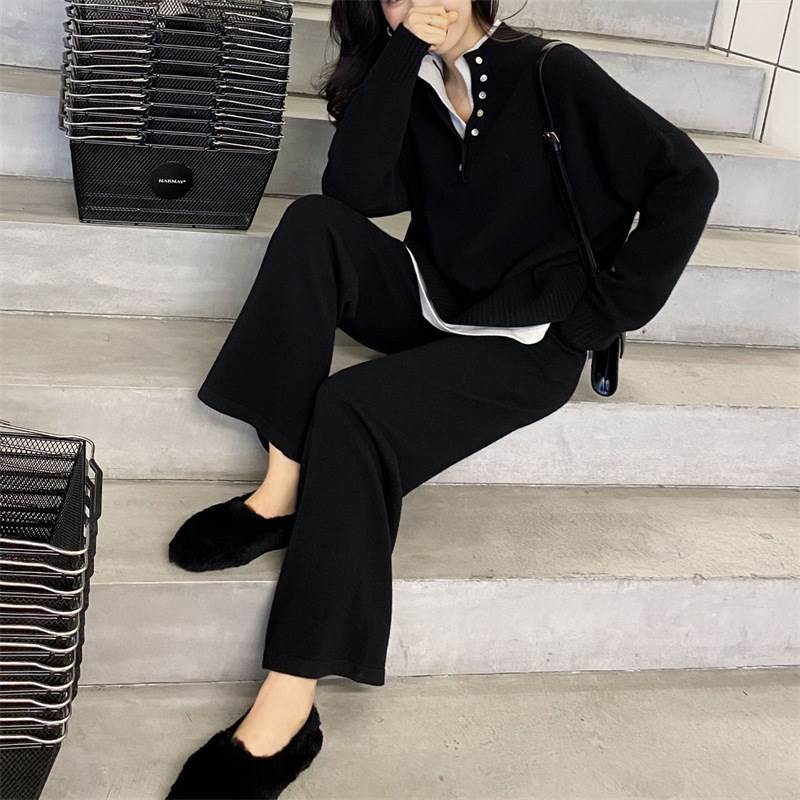 トップス パンツ ボトムス ニット セーター セットアップ レディース ストレートパンツ ロング 長袖 ヘンリーネック ボタン かわいい 大人可愛い きれいめ シンプル 上品 おしゃれ かっこいい ガ