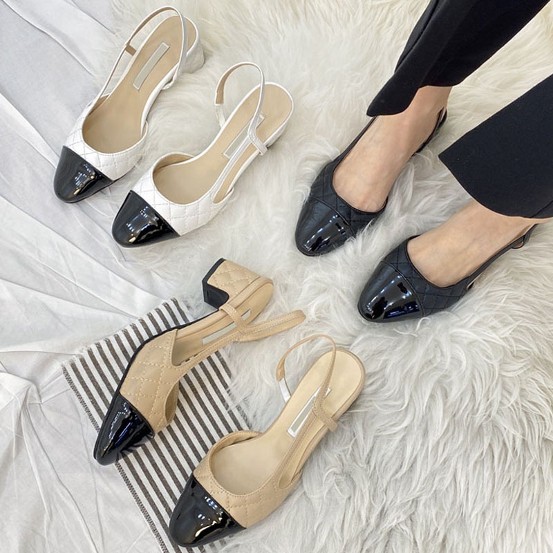 3color シンプルな 配色．バイカラー 異素材ミックス．コンビ素材 バックストラップ付き 5cmヒール．ミドルヒール キルティング スリングバックパンプス