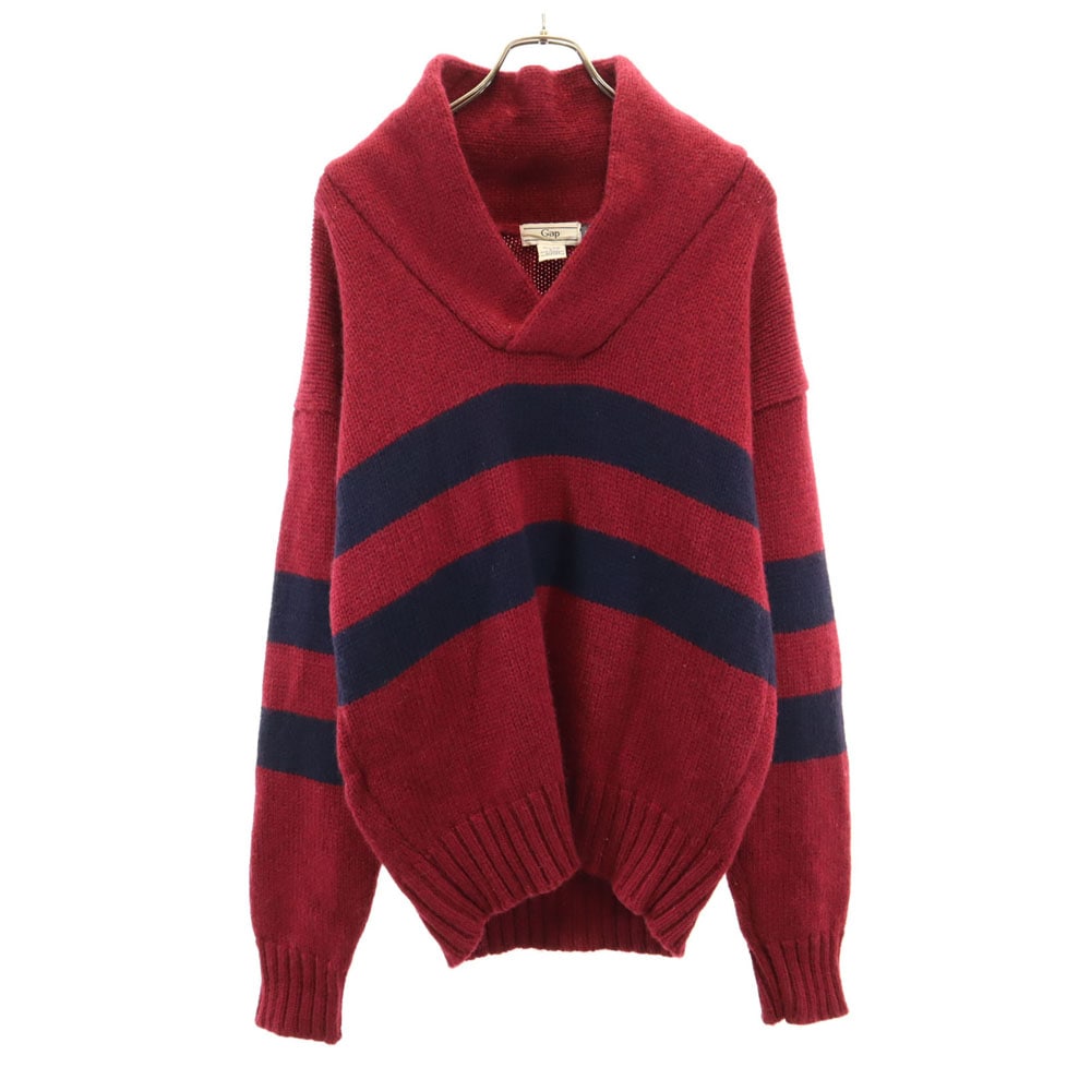 90s オールド ウールブレンド ボーダー柄 長袖 ショールカラー セーター L ワインレッド ニット メンズ